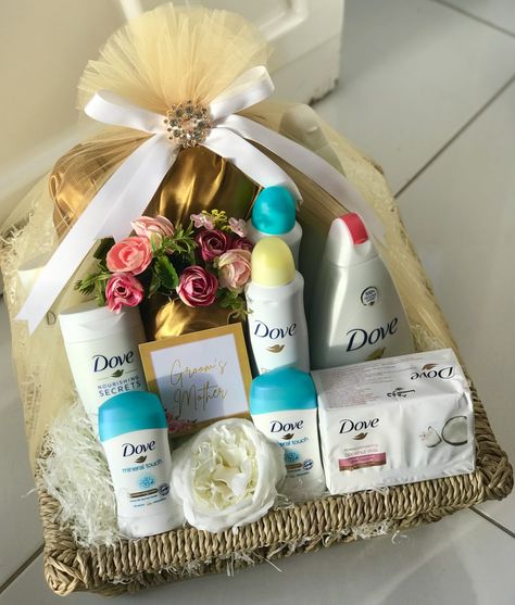 Dove body wash, bar soap, deodorant, lotion and cloth wrapped in white and gold theme Dove Products, Gifts Hamper, Gift Basket For Her, Dove Body Wash, Gold Theme, Shop Ideas, Gift Basket, Bar Soap, Gift Baskets