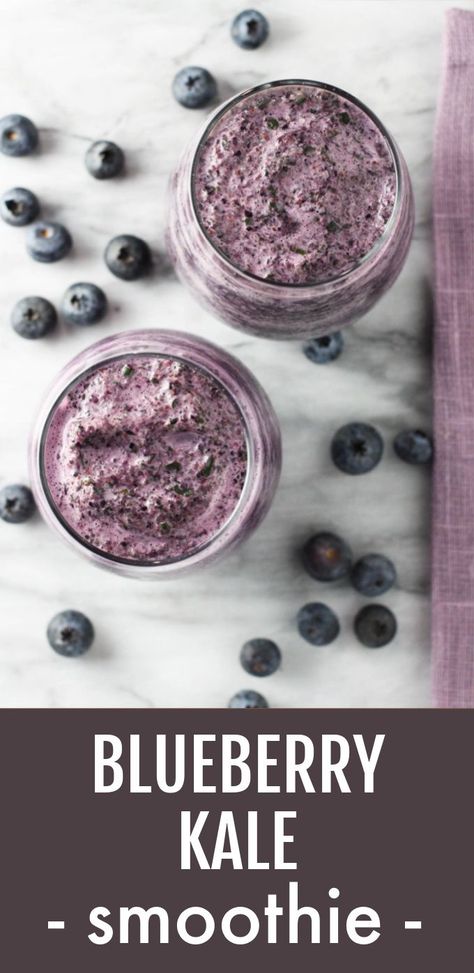 Overhead shot of two glasses with the blueberry kale smoothie. Fresh blueberries are scattered around the glasses. Below the image, there is a text overlay saying: Blueberry Kale Smoothie. Apple Lemon Ginger Juice, Sweet Healthy Breakfast, Nutritional Smoothie Recipes, Graduation Party Backyard, Avocado Oatmeal, Blueberry Kale Smoothie, Banana Kale Smoothie, Flaxseed Smoothie, Berry Protein Smoothie