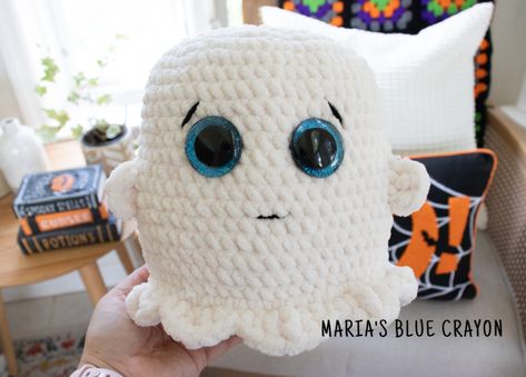 Crochet Ghost Plushie Free Pattern - Maria's Blue Crayon Plushie Free Pattern, Crochet Turtle Pattern Free, Ghost Plushie, Crochet Turtle Pattern, Crochet Ghost, Blue Crayon, Crocheted Jellyfish, Fall Crochet Patterns, Bernat Blanket Yarn