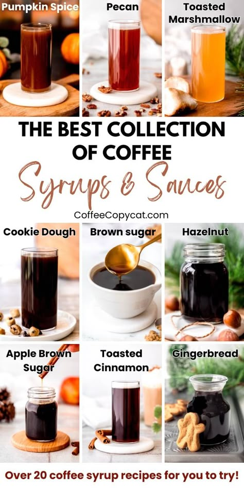 Check out my collection of over 20 homemade coffee syrups and sauces that you can add to your favorite coffees! From the classic vanilla syrup and mocha sauce to the popular gingerbread syrup and the brand new Starbucks fall flavor: pecan syrup. Discover all 20+ coffee syrups here and add a burst of flavor to your morning coffee, the big decision is which one to try first! #coffeesyrups Homemade Coffee Sauce, Espresso Simple Syrup, Homemade Holiday Coffee Syrup, Homemade Gingerbread Syrup For Coffee, Coffee Flavor Syrup Recipe, Winter Coffee Syrup Recipe, Homemade Gingerbread Coffee Syrup, Flavor Syrups For Coffee, Homemade Christmas Coffee Syrup