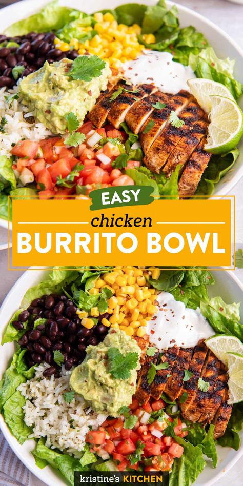 This is the best Burrito Bowl recipe - it's loaded with flavor and so satisfying! The components can be made ahead and stored in the fridge for meal prep lunches or dinners. Tex Mex Burrito Bowl, Sunshine Bowl Recipe, Weight Watcher Burrito Bowl, Dinner In A Bowl, Healthy Bean Burrito Recipe, Moes Burrito Bowl Recipe, Qdoba Burrito Bowl Recipe, Burittos Bowl Recipes, Keto Chicken Burrito Bowl