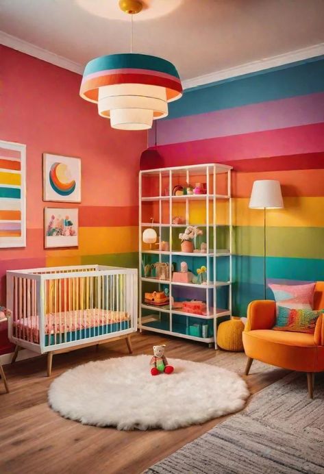 Lisa Frank Nursery, Bold Color Nursery, Funky House Ideas, Disco Nursery, Colourful Nursery Ideas, Maximalist Nursery, Primary Color Nursery, Colorful Kids Bedroom, Colorful Boho Bedroom