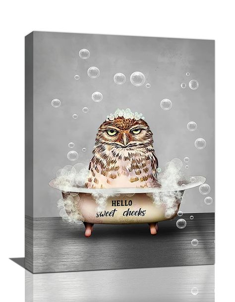 PRICES MAY VARY. 【Unique Wall Decor】The owl Hello Sweet Cheeks theme canvas prints is a great wall decor to decorate your walls which add character and uniqueness to your home. 【Durable Canvas Wall Art】Made of high-quality Waterproof canvas, use eco-friendly ink and high-definition printing. Easy for cleaning and maintaining. 【Ready To Hang】Each canvas prints is stretched and gallery wrapped on solid wood frame, wrapped in the gallery and equipped with accessories for easy hanging. 【A Perfect Gi Owl Bathroom, Decorations For Bathroom, Bathtub Pictures, Pictures For Wall, Pictures Wall Decor, Bathroom Artwork, Funny Owls, Wall Art Farmhouse, Pictures Wall