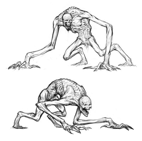 Monster Drawing Reference Poses, Creature Art Creepy, Monster Poses Drawing, Horror Creatures Art, Monster Oc Base, Undead Creature Art, Scary Poses Drawing, Creepy Monster Concept Art, Monster Pose Reference Drawing