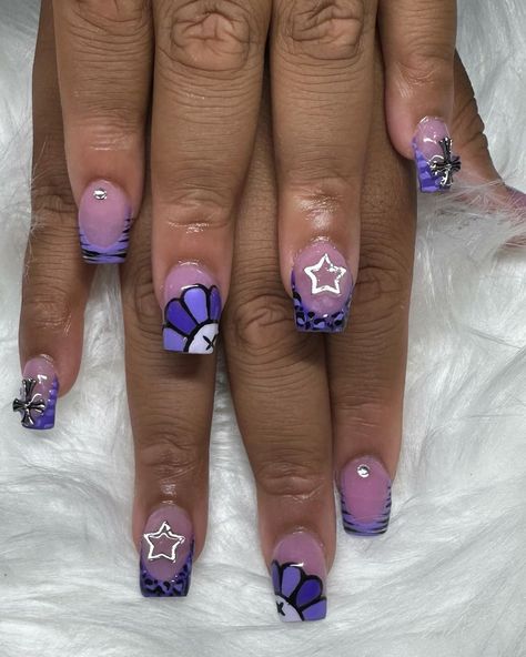 Purple KAWS set💜🖤🩶 Nail Ideas Blue And Purple, Kaws Nails Purple, 13 Birthday Nail Ideas, Purple Set Nails, Light Purple And White Nails Acrylic, Nail Ideas Purple Short, Short Nails For Kids 9-10, Cute Short Nails Purple, Purple Kaws Nails