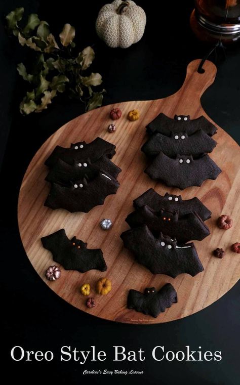 Oreo Style Bat Cookies Halloween Bat Cookies, Bat Cookies, Scary Halloween Food, British Scones, Bats Cookies, Homemade Oreos, Halloween Oreos, Cheese Scones, Halloween Food Treats