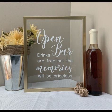 This Wedding Open Bar Sign Is Actually A Decal That Can Be Applied To Almost Any Signage That Matches Your Theme. Whether You Choose To Use A Picture Frame, A Wood Slice, Or A Classic Chalkboard Sign, This Vinyl Decal Is Sure To Be The Perfect Finishing Touch. If You Would Like To Add Personalization, Please Message Me And I Can Add You Names Or Wedding Date. Decal Size: 8”X6.02” Multiple Sizes And Colors Are Also Available Upon Request. Remembrance Wedding, Wedding Open Bar, Bar Reception, In Loving Memory Wedding, Loving Memory Wedding, Open Bar Wedding, Farmhouse Wedding Decor, Memory Wedding, Open Bar Sign