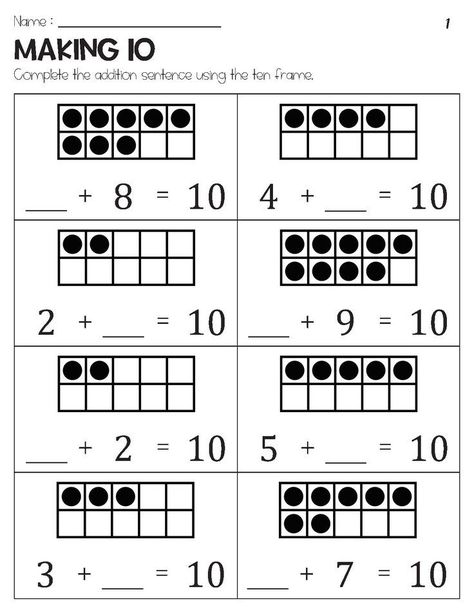 Making 10 Addition with Ten Frame Number Sentences, Homework Ideas, School Age Activities, First Grade Math Worksheets, Differentiation Math, First Grade Phonics, Addition And Subtraction Worksheets, 1st Grade Math Worksheets, Subtraction Worksheets