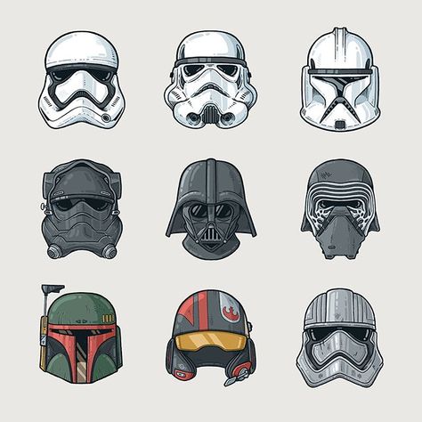 Star Wars Helmets - A quick set of my nine all time favorites. Vader front and center, obviously 🙌 Each created in @procreate #dailydoodle… Starwars Helmet, Star Wars Helmets, App Illustration, Helmet Drawing, Star Wars Cartoon, Helmet Art, Star Wars Helmet, Behance Design, Designer Portfolio