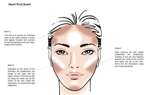 Contouring - Heart Shaped Face Contour Heart Shaped Face, Countouring Ideas, Makeup Placement, Contour For Round Face, Makeup Painting, Heart Face Makeup, Applying Highlighter, Heart Shaped Face, Teknik Makeup