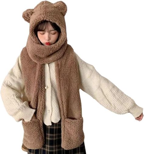 Get cozy Shawl With Hoodie Style, Cute Clothes For Winter, Bear Ear Hat, Cute Winter Hat, Bear Scarf, Hooded Hat, Warm Winter Fashion, Cute Winter Sweaters, Cute Winter Hats