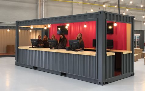 Reception desk Shipping Container Salon, Salon Layout, Shipping Container Restaurant, Shipping Container Cafe, Container Coffee Shop, Rooftop Restaurant Design, Container Restaurant, Container Cafe, Container Conversions