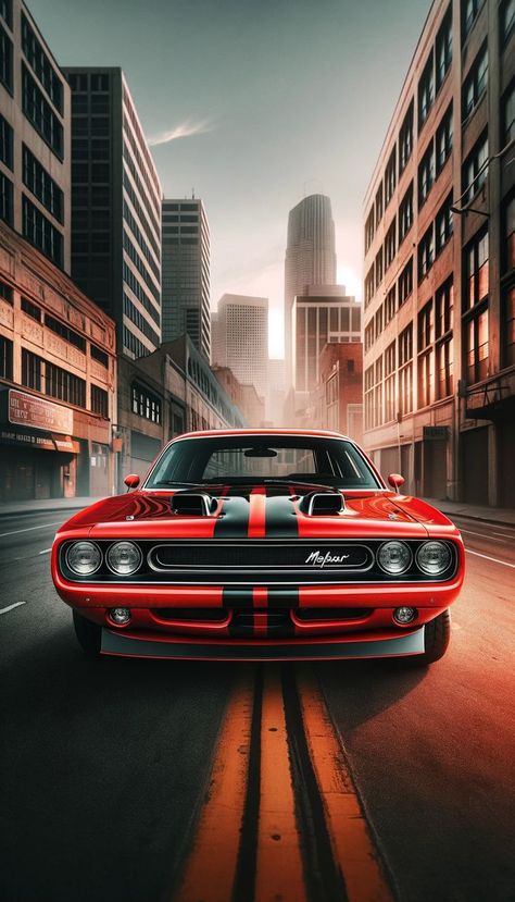 A red Mopar muscle car with black racing stripes parked on a city street, reflecting the early morning light. High-rise buildings loom in the soft-focus background, adding to the urban charm of this iPhone wallpaper. The car's polished chrome and iconic design capture the essence of Mopar power. Cool Car Backgrounds, Car Iphone Wallpaper, Mopar Muscle Cars, Automotive Artwork, Cool Car Pictures, Mopar Muscle, Super Luxury Cars, Minimal Web Design, Car Posters