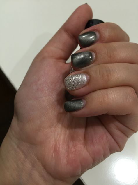 Cat's eye and sparkle gel manicure done! Dark grey and white nails Grey And White Nails, Funky Nail Designs, Bobbi Brown Makeup, Dark Nails, Minimalist Nails, Funky Nails, Gel Manicure, White Nails, Nail Art Design