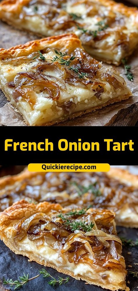 This French onion tart is loaded with caramelized onions and rich flavors, making it the perfect savory appetizer or light meal. A true gourmet delight! Ingredients: 2 large onions, caramelized 1 sheet puff pastry ½ cup Gruyère cheese, shredded 1 tbsp thyme Mushroom And Onion Tart, Ricotta And Puff Pastry, Savory French Pastries, French Onion Tarts With Puff Pastry, French Onion Tarts, Carmelized Onion Feta Puff Pastry, Caramelized Onion Tart Puff Pastries, French Onion Tartlets Recipe, Mini Onion Tart