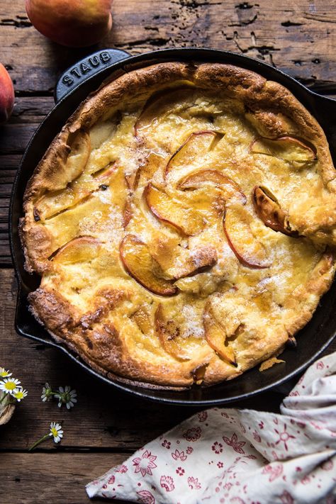 Browned Butter Cinnamon Peach Dutch Baby. - Half Baked Harvest Peach Dutch Baby, Dutch Baby Pancakes, Dutch Baby Recipe, Half Baked Harvest Recipes, Baby Pancakes, Dutch Baby Pancake, Butter Cinnamon, Apple Pancakes, Harvest Recipes