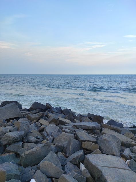 A calm evening at the rock beach with pleasant view of the beach and clear sky. Pondicherry Aesthetic, Beach Evening, Good Evening Greetings, Rock Beach, Self Pictures, Evening Greetings, Pondicherry, Clear Sky, Beach Aesthetic