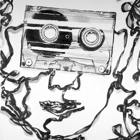 Casset Tapes Drawing, Surreal Music Art, Music Photography Creative, Painting Cassette Tapes Aesthetic, Music Cassette Tattoo, Vintage Radio Drawing, Cassette Tape Sketch, Tape Drawing Cassette, Mixtape Art