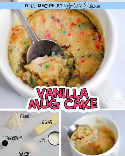 This easy Vanilla Mug Cake is the perfect way to satisfy a sweet tooth. Made with 5 ingredients (and no egg), you can make this in a microwave in about 2 minutes! Easy Sweet Treats Microwave, Recipes For Mug Cakes, Cake In A Mug Microwave Recipe, Mug Cake Recipe Without Baking Powder, 3 Ingredient Microwave Desserts, Microwave Deserts Recipes, Mug Cake 3 Ingredient, Easy Mug Cake Recipe 3 Ingredients, Mug Cake No Milk