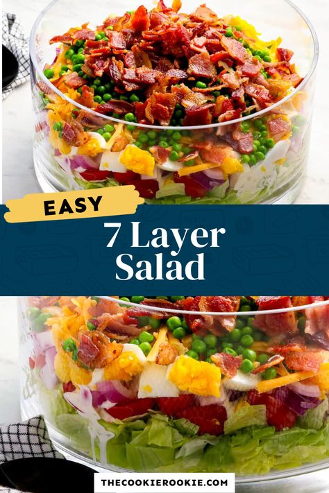 This traditional 7 Layer Salad recipe is a tasty dish with true Southern charm! Seven delicious layers of lettuce, bacon, sweet peas, cheese, onions, tomatoes, and boiled eggs, all combined with a creamy mayo dressing. It's the perfect dish for potlucks, barbecues, and simple lunches! 7layer Salad, Layer Salad With Peas, Layered Pea Salad With Bacon, Healthy Seven Layer Salad, 7 Layer Salad Mexican Bean Dip, Layered Spring Pasta Salad 12 Tomatoes, Layered Salad With Peas, Fig Appetizer Recipes, 7 Layer Salad Recipe