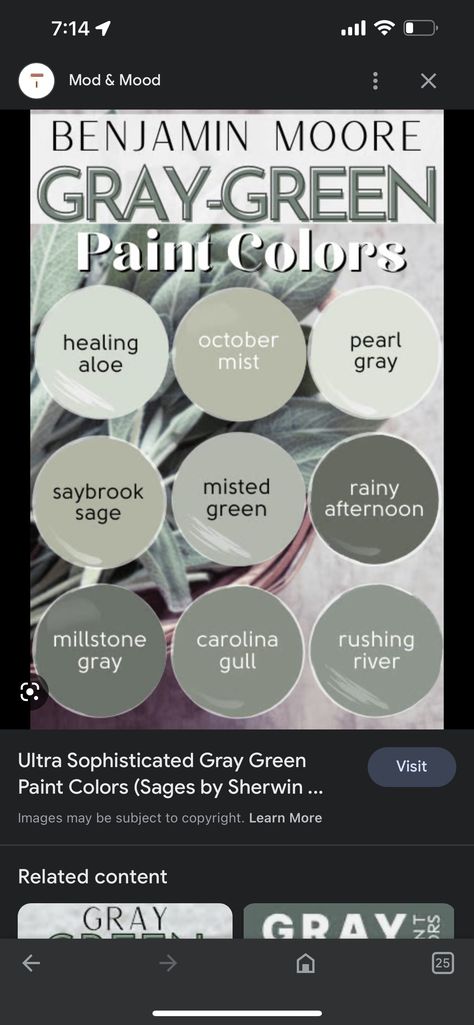 Millstone Gray Benjamin Moore, Millstone Gray, Misted Green, October Mist, Green Grey Paint, Farmhouse Paint Colors, House Color Palettes, Farmhouse Paint, Neutral Paint Colors