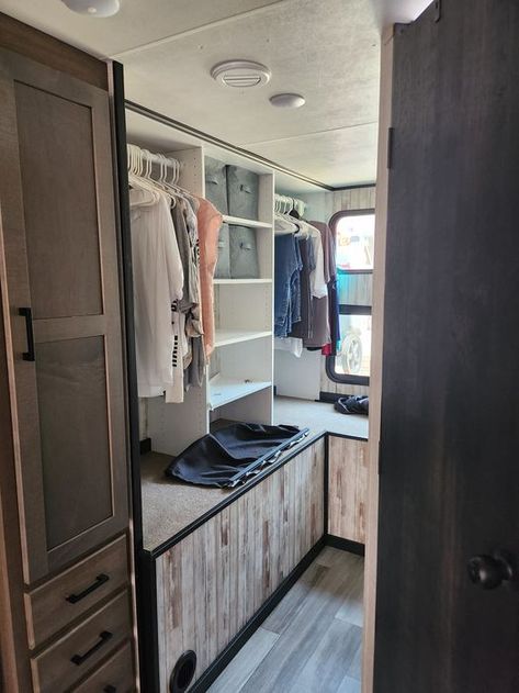 Motorhome Closet Ideas, Travel Trailer Closet Ideas, Travel Trailer Closet Organization, Trailer Closet Ideas, Rv Walk In Closet, Rv Closet Shelves, Travel Trailer Under Bed Storage Ideas, Double Bunk, Rv Interior Remodel