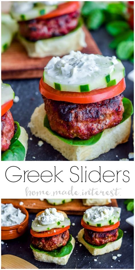 Greek Sliders | These easy Greek Sliders make an awesome appetizer recipe for parties. Make this football party food when you watch the game or serve them as an easy appetizer recipe at a cookout. These grilled Greek sliders are grilled burgers topped with homemade tzatziki to make a delicious slider!  AD |  GreaterOutdoors | Ownyourparty @biggreenegg @aussiebeeflamb Greek Canapes, Greek Finger Food, Mediterranean Sliders, Greek Sliders, Greek Food Party, Wedding Canapés, Nye Recipes, Santorini Party, Football Party Food Appetizers