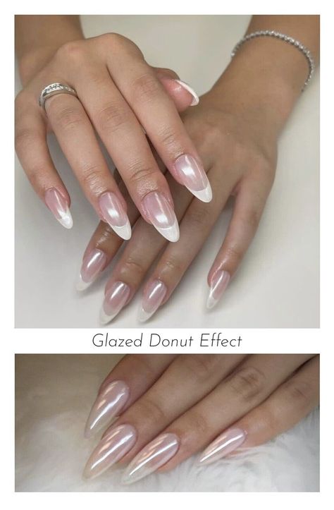 Nails White Chrome, White Chrome Powder, Glaze Nails, Pearl Chrome, Pearl Nail, New Nail Trends, Chrome Nail Powder, Art Masterpieces, Glazed Donut