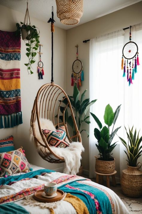 This pin features cozy boho bedroom ideas emphasizing natural elements and vibrant textiles. Perfect inspiration for creating a warm, inviting bedroom atmosphere. Colorful Boho Room, Hanging Chair In Bedroom, Cozy Boho Bedroom Ideas, Chair In Bedroom, Bohemian Bedroom Ideas, Cozy Boho Bedroom, Wicker Side Table, Boho Bedroom Ideas, Hand Woven Blanket