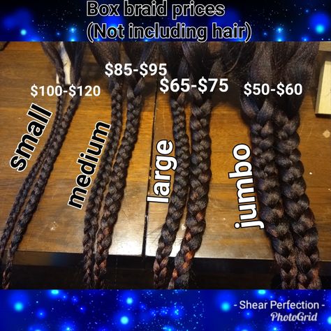 Box Braid Sizes Chart, Braids Sizes Chart, Different Braid Lengths Chart, Sectioning For Box Braids, Knotless Braids Sizes Chart, Braid Lengths Chart, Small Medium Large Box Braids, Braid Size Chart Hair, Supplies For Braiding Hair