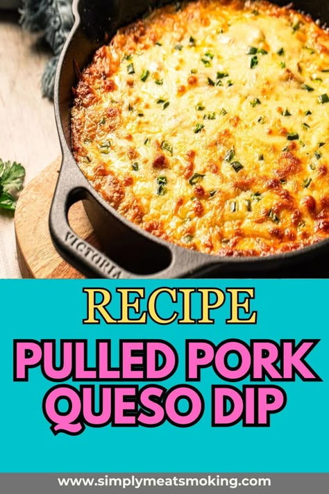 Get ready for a flavor-packed fiesta with our Pulled Pork Queso Dip. It's easy, delicious, and the perfect way to use up leftover pulled pork." Appetizers With Pulled Pork, How To Use Pulled Pork Leftovers, Pulled Pork Queso Dip, Pulled Pork Dip Recipes, Pulled Pork Appetizer, Pulled Pork Dip, Beef Queso Dip, Smoked Appetizers, Mexican Cheese Dip