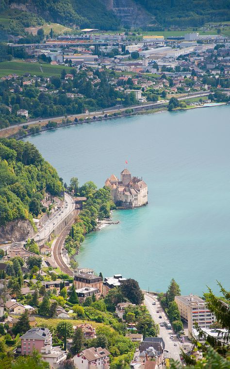 The beautiful Chateau de Chillon as seen from Glion. The Montreux Riviera is a beautiful area to view Lake Geneva from, delving into local wines & culture and alpine scenery. Switzerland Lake Geneva, Lake Geneva Switzerland, Switzerland Trip, 3 Days Trip, Romanticising Life, Public Transit, Geneva Switzerland, Living In Europe, Lake Geneva