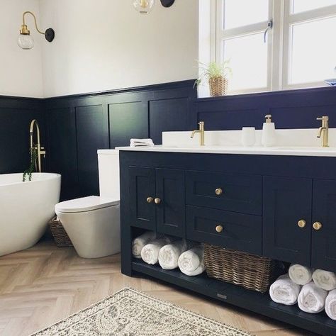 Harvey George Furniture Makers on Instagram: "Well today is officially the end of the school holidays! 🔆 Which camp do you fall into? Crying or celebrating? haha It's certainly been a great summer weather wise, we have rarely seen any rain until the school run this morning then the heavens open, typical eh! Today we are reflecting on this luxurious bathroom created by another talented customer! We love the beautiful panelling and the navy and gold is perfect! 🖤 #harveygeorge #vanityunit #harr Luxury Bathroom Vanities, Double Vanity Unit, Blue Bathroom Vanity, Bespoke Bathroom, Custom Bathroom Vanity, Sink Vanity Unit, Blue Vanity, Painted Vanity, Bathroom Showrooms