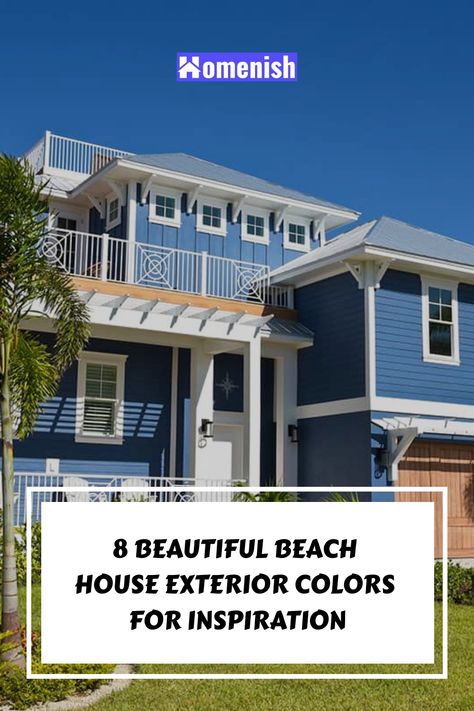 The exterior of a coastal property should complement the natural surroundings, which is why so many beach houses have blue siding. However, there is a wide range of color options that can be stunning in a seaside environment, whether you want to stand out from the crowd or blend into the background. Navy Beach House Exterior, Coastal House Colors Exterior, Beautiful Beach Houses Exterior, Seaside House Exterior, Blue Beach House Exterior, White Beach House Exterior, Exterior Beach House Colors, Modern Coastal Home Exterior, Coastal Exterior House Colors