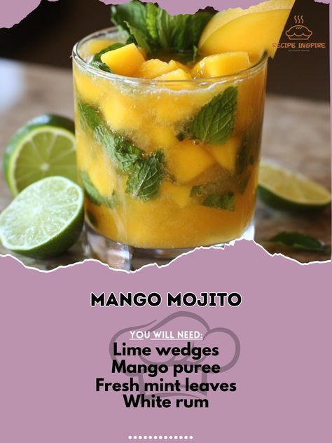 🥭 "Refreshing and tropical, the Mango Mojito is a perfect escape in a glass!" 🍹🌴 #MojitoMadness #MangoLovers Mango Mojito Ingredients: Fresh mint leaves (10) Lime wedges (4) Mango puree (½ cup) White rum (2 oz) Club soda (4 oz) Ice cubes Sugar (2 tsp) Instructions: Muddle mint leaves, lime wedges, and sugar in a glass. Add mango puree and white rum. Fill the glass with ice. Top with club soda and stir gently. Garnish with additional mint and a slice of lime. 🍹 "The Mango Mojito is a refre... Mojito Ingredients, Mango Mojito, Cocktail Party Food, Slice Of Lime, Mango Puree, Delicious Cookie Recipes, White Rum, Fresh Mint Leaves, Party Recipes