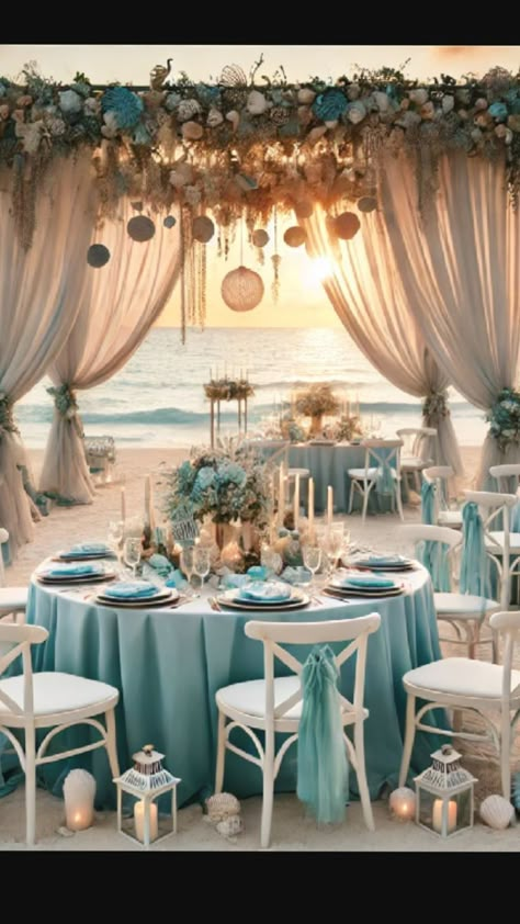 Light Blue Beach Wedding Theme, Ocean Theme Wedding Ideas, Simple Beach Wedding Ideas On A Budget, Beach Wedding Colour Scheme, Aquamarine Wedding Theme, Beach Wedding Dessert Table, Beach Wedding Reception Decorations, Beach Wedding Color Ideas, Sea Wedding Decorations