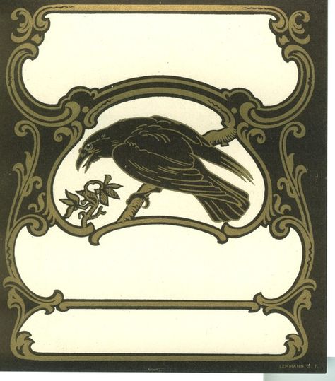 Vintage Art Nouveau Raven Label Nouveau Tattoo, Crow Art, Raven Art, Baba Yaga, Alphonse Mucha, Ex Libris, Vintage Ephemera, Book Plates, Inspiration Art