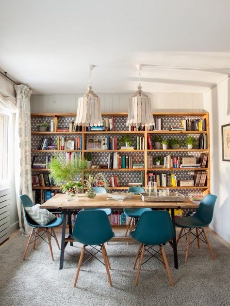 Santayana Home Bookshelf In Dining Area, Dining Room Book Shelf, Dining Room With Bookshelves, Open Shelving Dining Room, Bookshelf In Dining Room, Bookshelves In Dining Room, Dining Room Turned Library, Dining Room Bookshelf, Dining Room Bookshelves