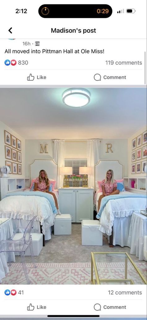 Twin Bed Dorm Room Ideas, Dorm Room Ideas Mississippi State, Tut Dorm Room, White Dorm Room Ideas With Pops Of Color, 2 Bed Dorm Room Ideas, Dorm Room Ideas Ole Miss, Preppy Dorm Room Ideas Blue, Love Shack Fancy Dorm Room, Dorm Room With Couch