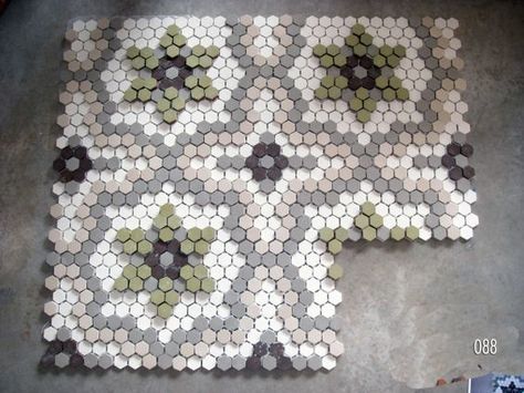 Hex tile pattern & color for the front hallway | Dream House ... Penny Tile Flower Pattern, Floral Hexagon Tile, Hex Tile Flower Pattern, Hex Map Tiles, Green Mosaic Floor Tile, Hexagon Tile Pattern, Penny Tile Floors, Custom Mosaic Tile, Hexagon Tile Floor