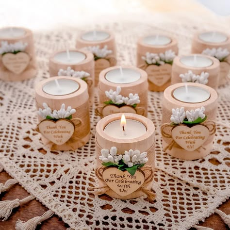 ❤Handmade With Love: Each wooden candle holder is a party favor handcrafted with love by the team at Ju's Favors. ❤Great for Many Occasions:These personalized tealight candle holders are great for bridal showers, baby shower decorations, boho wedding party favors, birthday party thank you gifts bulk, unique christening gifts, table centerpieces decorations. ❤Set Contents:10 wooden candle holders decorated with fresh flowers, wooden heart card and a tealight, 10 handwritten personalized labels. Guest Favors, Handmade Favors, Gifts For Guests, Table Centerpiece Decorations, Candle Crafts Diy, Candle Wedding Favors, Candle Holders Wedding, Wooden Candle Holders, Candle Favors