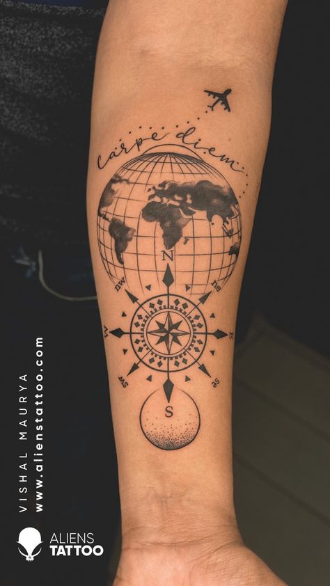 World Traveler Tattoo, No Matter What Tattoo, Boys Hand Tattoo, Way Tattoo, World Travel Tattoos, Aviation Tattoo, Aliens Tattoo, Travel Tattoo Ideas, Tattoo Line Art