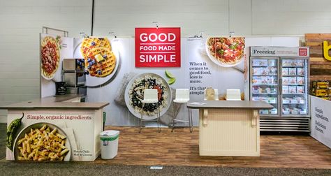 Inline food booth for Good Food Made Simple at the NPEW show. This exhibit, created by Condit, features a fabric back wall, wood texture vinyl flooring and custom serving counters. Food Trade Show Booth Ideas, Simple Booth Design Food, Food Expo Booth, Food Expo Booth Design, Food Exhibition Booth Design, Wall Wood Texture, Food Exhibition Design, Cooking Booth Exhibition, Food Booth Design