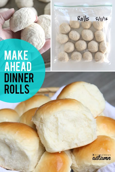 Make ahead dinner rolls recipe! How to make roll dough in advance and freeze it to bake later. Perfect for holiday dinners! #itsalwaysautumn #dinnerrolls #rollsrecipe #makeaheadrolls #freezerrolls Freezer Desserts Make Ahead, Make Ahead Dinner Rolls, How To Make Rolls, Easy Holiday Baking, Frozen Dinner Rolls, Freezer Dinners, Rolls Easy, Freezer Recipes, Freezer Friendly Meals