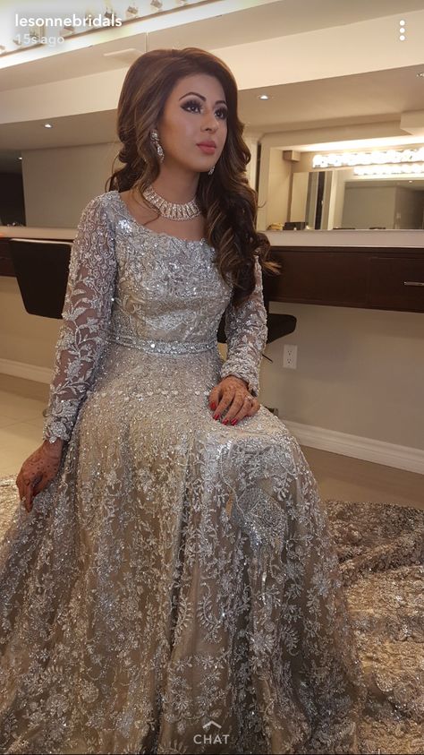 Silver Walima Dress, Silver Nikkah Dress, Bridal Dresses 2022, Walima Dresses, Indian Wedding Gowns, Walima Dress, Muslim Brides, Shadi Dresses, Desi Wedding Dresses