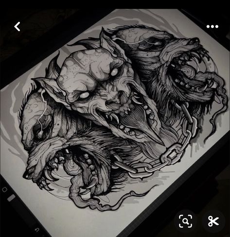 Cerberus Chest Piece, Throat Piece Tattoo, Cerberus Back Tattoo, Cerberus Chest Tattoo, Horror Chest Tattoo, Arm Tattoo Sketches Ideas, Dark Chest Tattoo, Cerberus Tattoo Greek Mythology, Hell Hound Tattoo