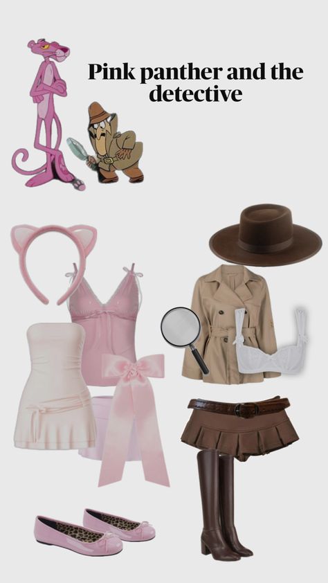 Pink Panther Detective Costume, Pink Panther And Detective Costume, Halloween Duos Best Friends, Pink Panther Costume, Different Halloween Costumes, Detective Costume, Senior 25, Halloween Duos, Coquette Halloween