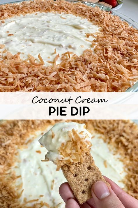 Coconut cream pie dip has as all the flavors of coconut cream pie but served up as a delicious no-bake dessert dip! Coconut Cream Dip Recipe, Coconut Cream Dip, Coconut Cream Recipes Canned, Coconut Cream Pie Dip, Coconut Dip, Dips Sweet, Coconut Cream Recipes, Cake Batter Dip, Pie Dip