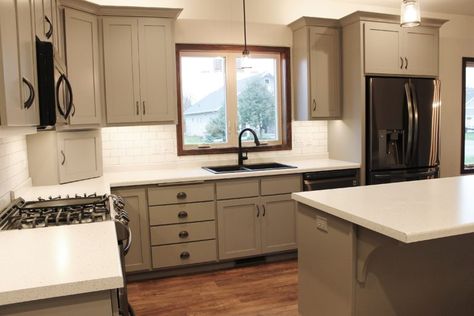 Thinking about the fridge when laying out a kitchen – Katie Jane Interiors Sink Next To Fridge, Refrigerator Next To Sink, Fridge Next To Sink, Kitchen Cabinets Around Window, Fridge In Kitchen, Kitchen Sink Window, Kitchen Fridges, Character Home, Patio Door