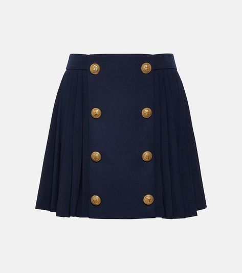 Pleated virgin wool miniskirt in blue - Balmain | Mytheresa Balmain Skirt, Pleated Miniskirt, Navy Blue Skirt, Wool Mini Skirt, Pierre Balmain, Church Decor, Lion Head, Blue Skirt, Gold Buttons